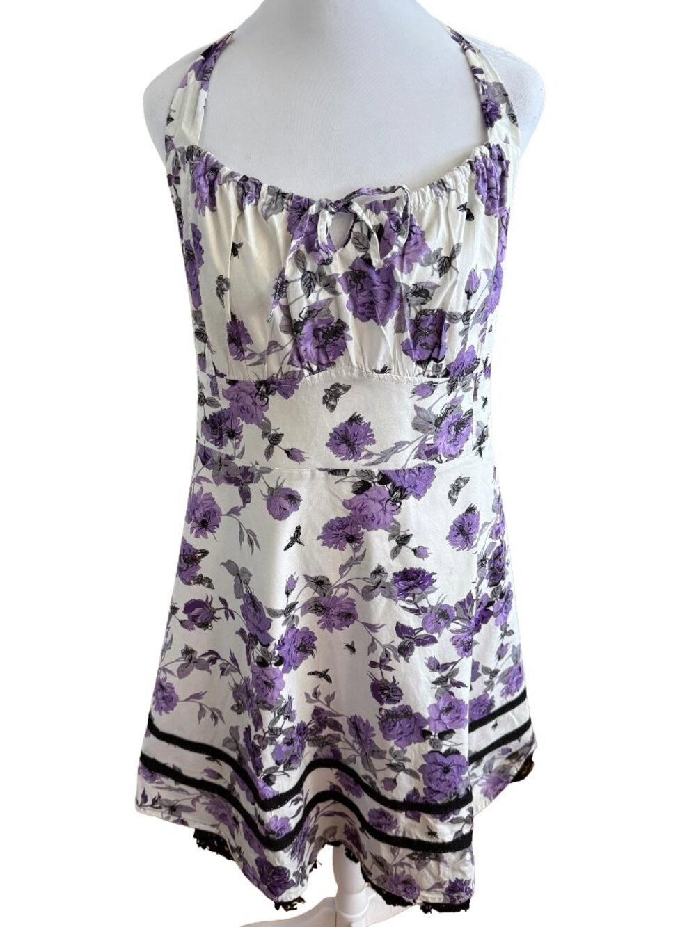 Hot Topic Women's 24 Purple White Floral Halter Fit & Flare Lace Trim Goth Dress